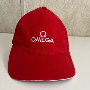 Omega Bold Red Logo Cap White Embroidered Promotional rare ball cap